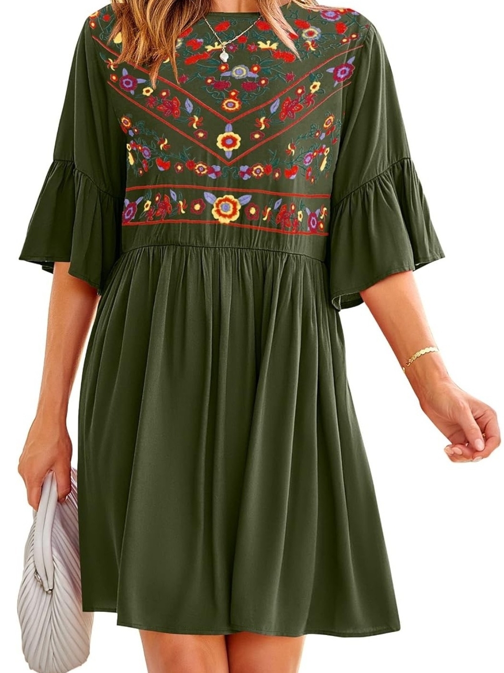 Olive Green Embroidered Midi Dress with Flutter Sleeves